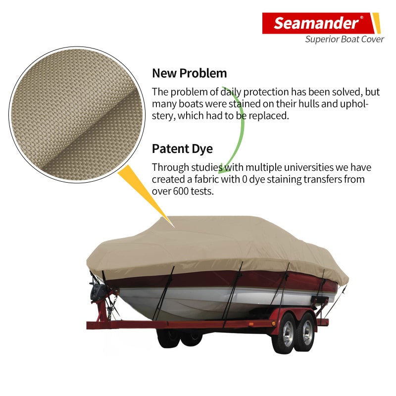 Seamander Waterproof Boat Cover, Solution-Dyed Yarn Marine Grade Cover Fits 14' to 16' ft Bass, V-Hull, Tri-Hull, Fish & Ski, Runabout Bowrider Boats - Heavy Duty Canvas Beige 90" Width - Image 3